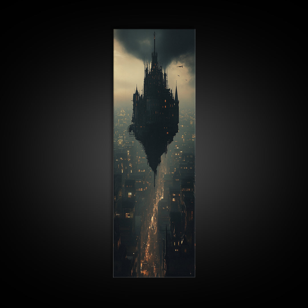 Dark Floating Citadel Above Dystopian City Wall Art, Gothic Castle Canvas Print, Sci Fi Fantasy Office Decor Gift For Him