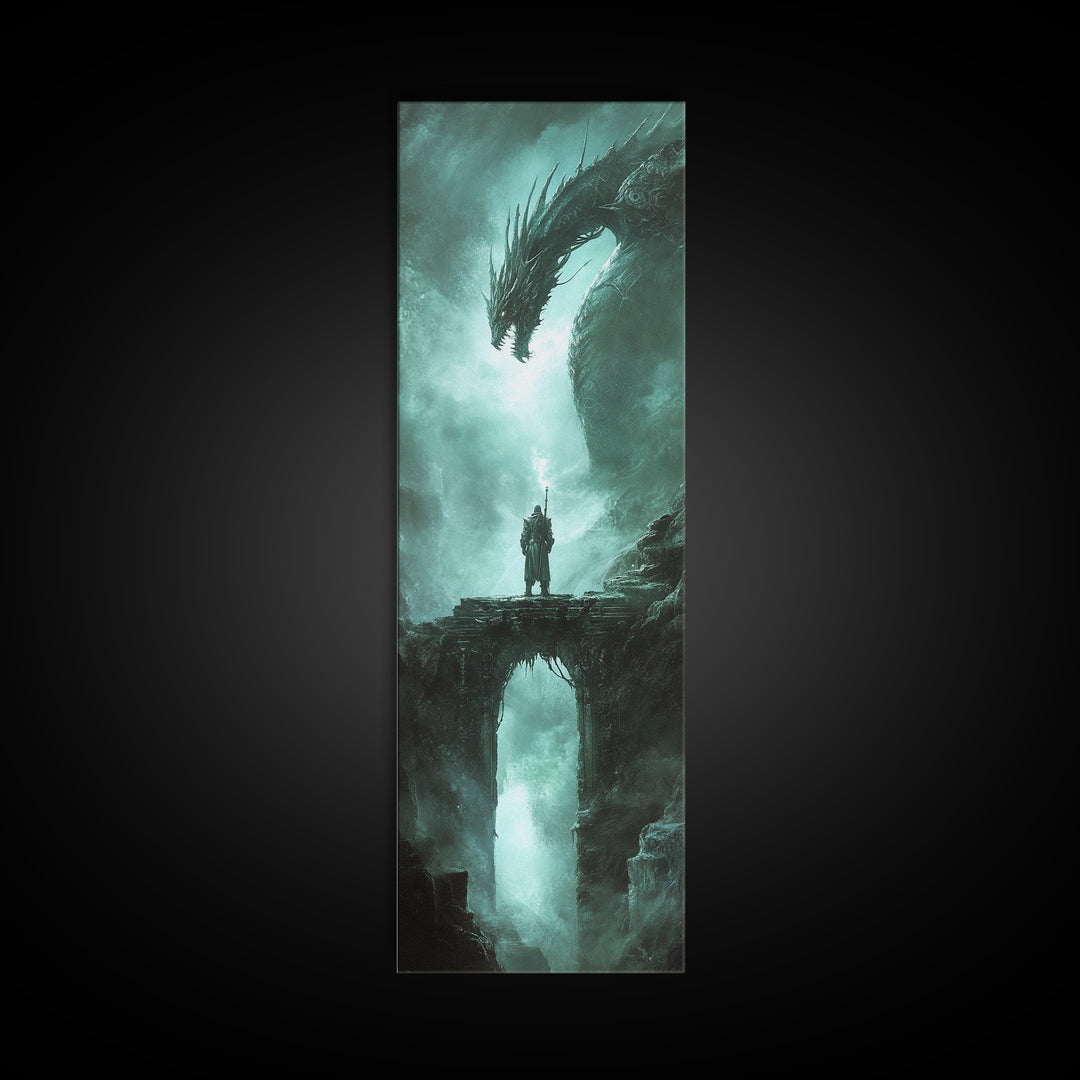 Lone Knight Facing Ancient Dragon Canvas Print, Dark Fantasy Wall Art, Teal Green Gothic Adventure Home Decor Gift For Him