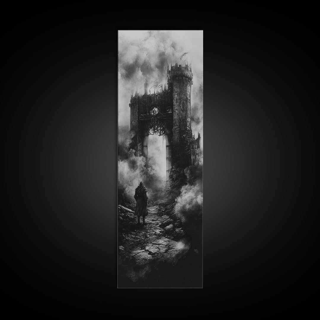 Black And White Gothic Ruin With Lone Wanderer Wall Art, Dark Academia Canvas Print, Moody Castle Home Decor Gift For Him
