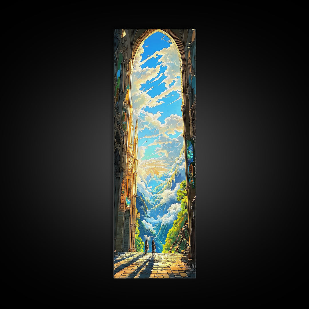 Golden Cathedral Arch Opening To Alpine Mountains Framed Canvas Print, Fantasy Landscape Wall Art, Bright Home Decor Gift