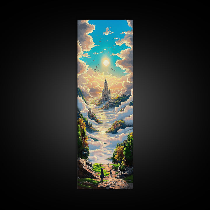 Castle In The Clouds Along Sunlit Valley Canvas Print, Dreamy Fantasy Landscape Wall Art, Whimsical Nursery Decor Gift For Her
