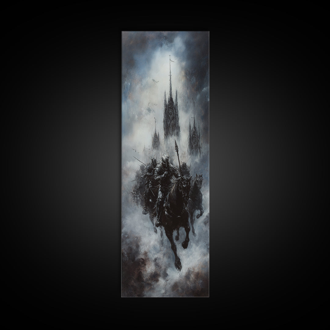 Gothic Floating Citadel And Shadow Knight Wall Art, Dark Fantasy Print, Black And White Art, Moody Medieval Decor For Living Room