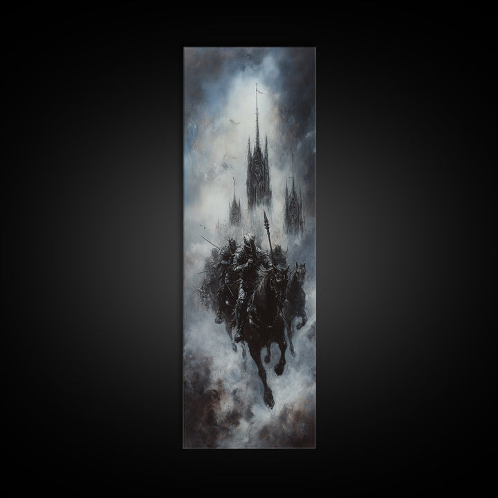 Gothic Floating Citadel And Shadow Knight Wall Art, Dark Fantasy Print, Black And White Art, Moody Medieval Decor For Living Room