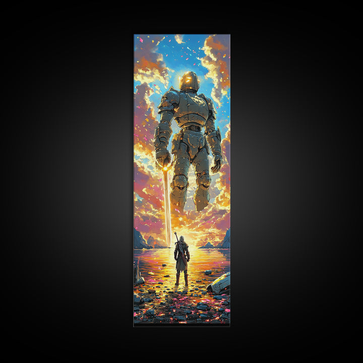 Golden Armored Colossus And Lone Warrior Framed Canvas Print, Epic Fantasy Wall Art, Vibrant Sunset Gaming Room Wall Decor