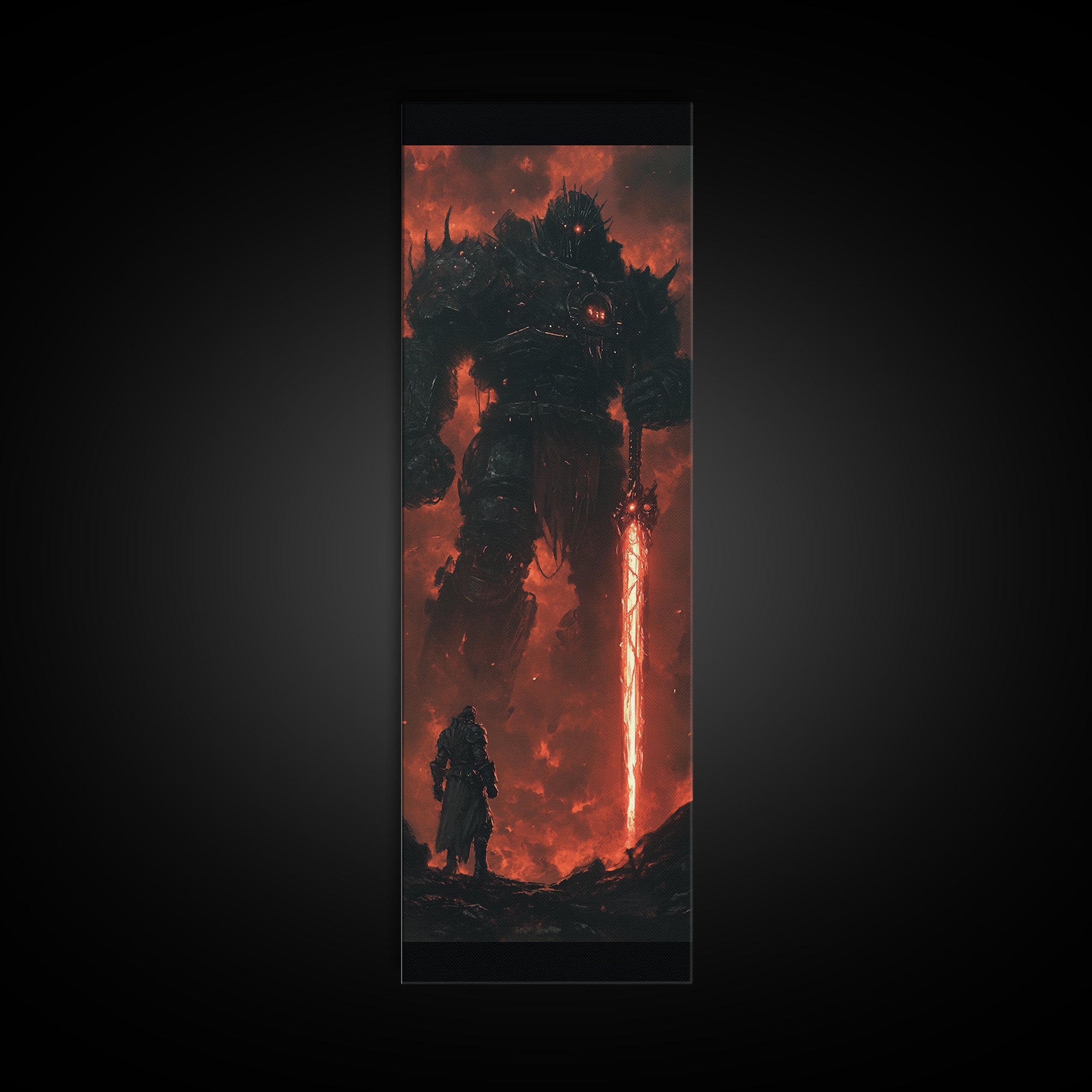 Dark Fire Titan With Crimson Sword Canvas Print, Epic Fantasy Wall Art, Demon Warrior Art Print, Gothic Gaming Room Decor