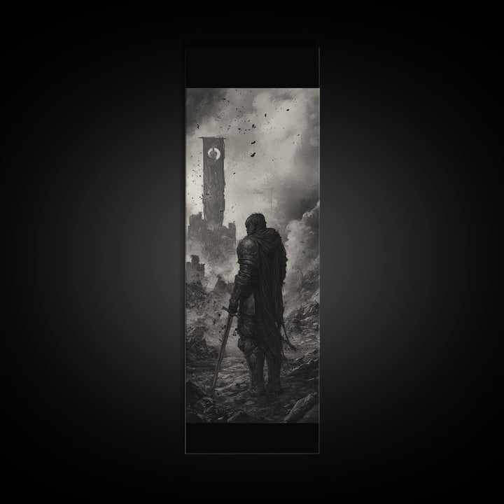 Black And White Lone Knight Near Ruined Tower Wall Art, Dark Fantasy Print, Medieval Landscape, Gothic Office Wall Decor