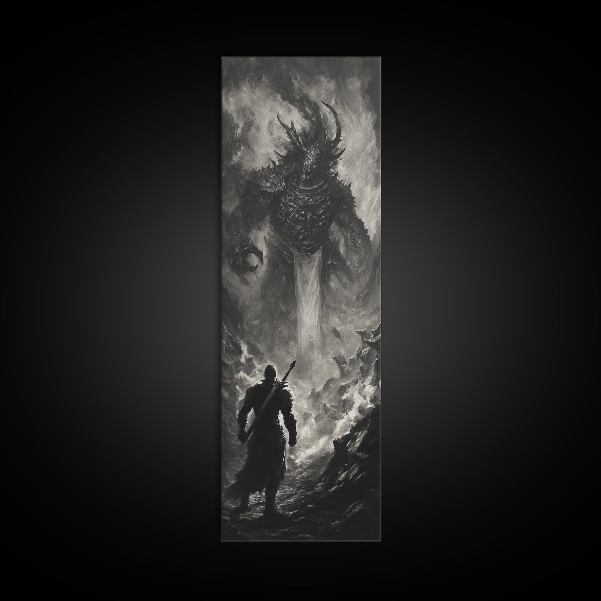 Monochrome Horned Demon Facing Warrior Framed Canvas Print, Dark Fantasy Wall Art, Gothic Black And White Art Decor For Office