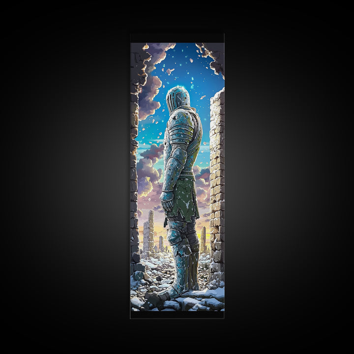 Snowy Armored Knight In Ruined Stone Gate Canvas Print, Fantasy Wall Art, Blue Winter Landscape, Medieval Home Wall Decor