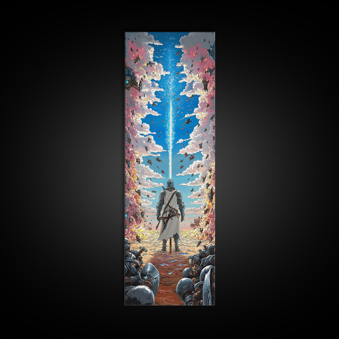 Silver Knight Beneath Celestial Blue Beam Wall Art, Epic Fantasy Print, Cherry Blossom Sky, Vibrant Gaming Room Wall Decor
