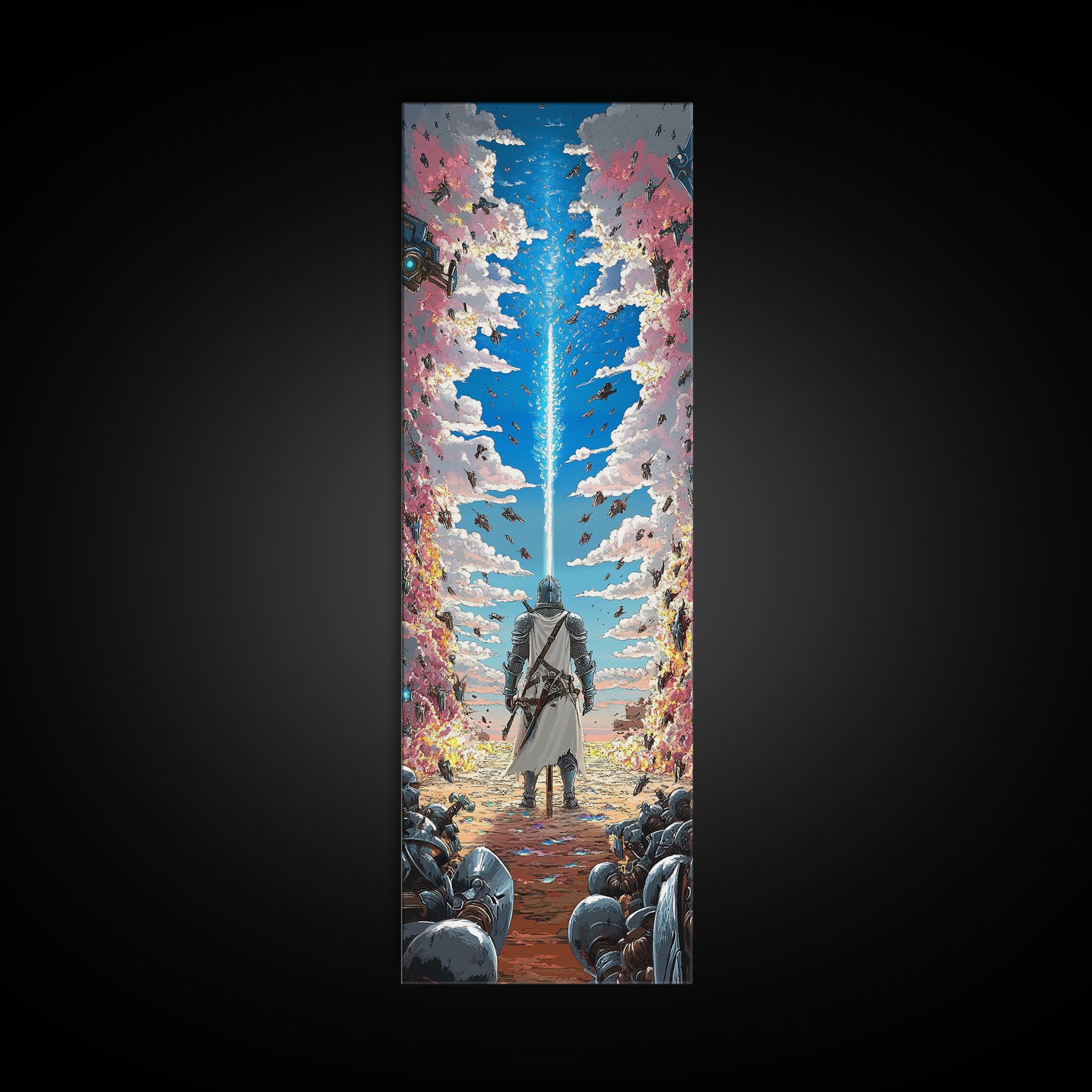 Silver Knight Beneath Celestial Blue Beam Wall Art, Epic Fantasy Print, Cherry Blossom Sky, Vibrant Gaming Room Wall Decor