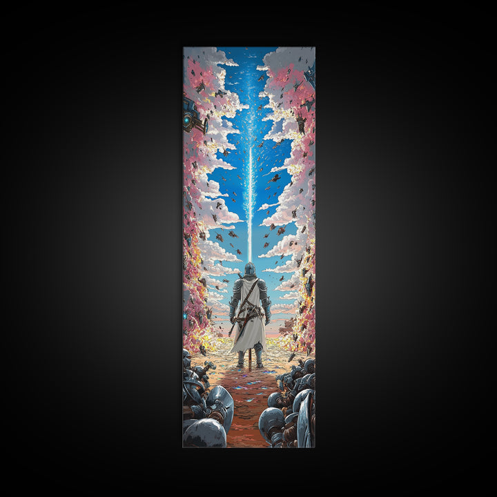 Silver Knight Beneath Celestial Blue Beam Wall Art, Epic Fantasy Print, Cherry Blossom Sky, Vibrant Gaming Room Wall Decor