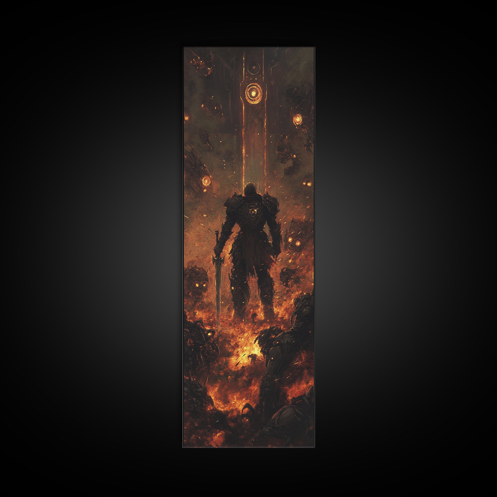Ember Warrior In Fiery Ruins Framed Canvas Print, Dark Fantasy Wall Art, Gothic Dungeon Scene, Moody Game Room Wall Decor