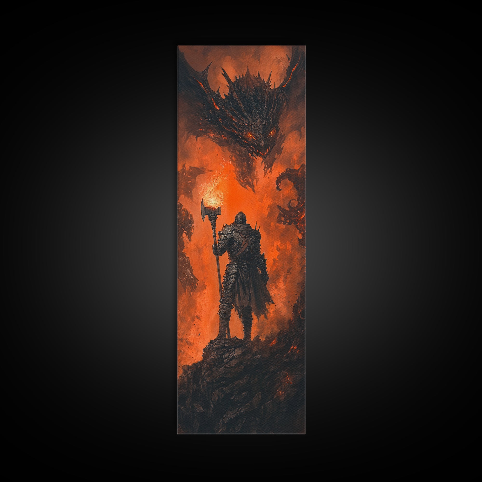 Torch Bearing Warrior Facing Dragon Canvas Print, Dark Fantasy Wall Art, Fire Dragon Art, Gothic Medieval Gaming Room Decor