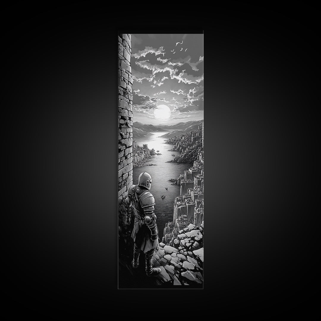 Black And White Knight Over Coastal City Wall Art, Medieval Seascape Print, Gothic Landscape, Fantasy Living Room Wall Decor