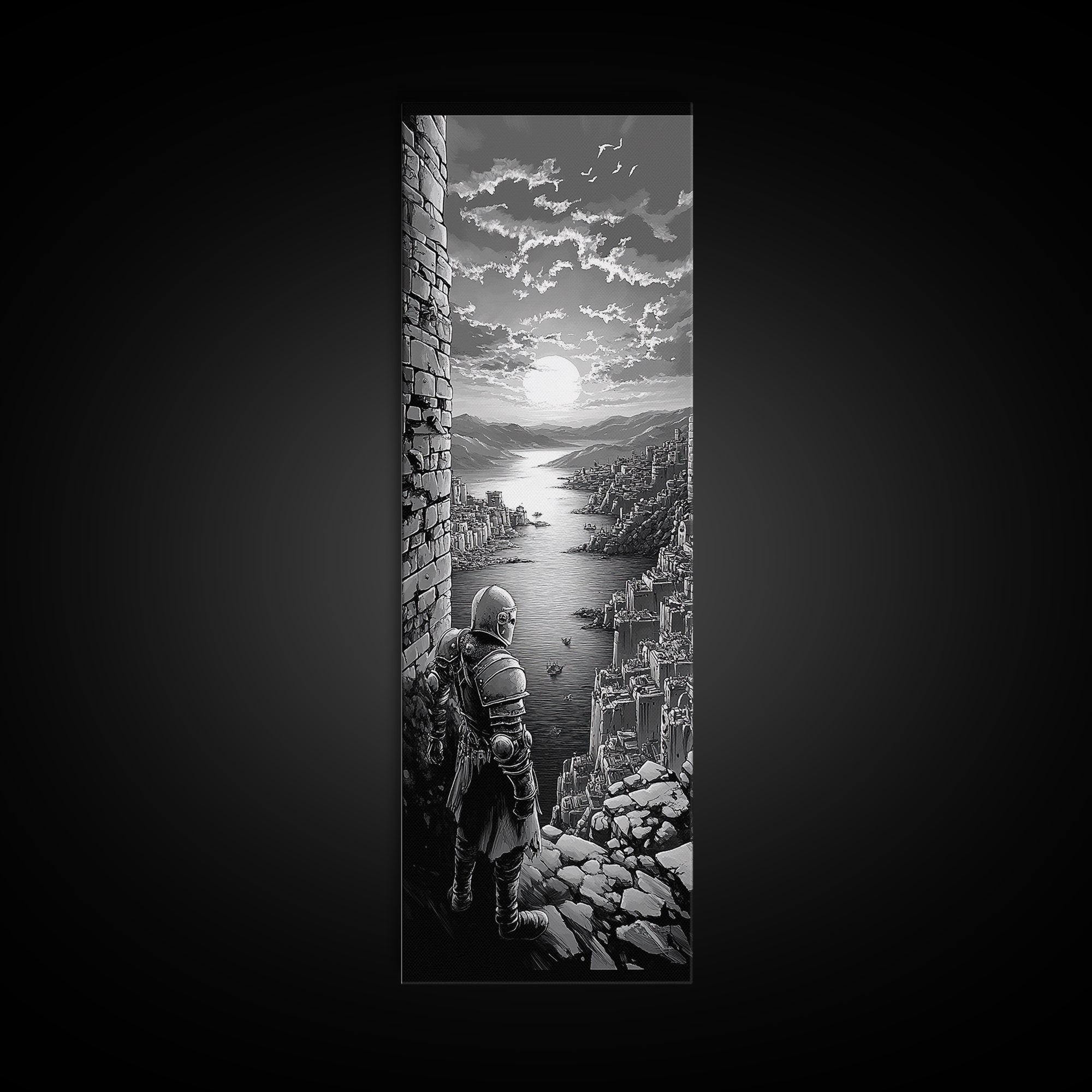 Black And White Knight Over Coastal City Wall Art, Medieval Seascape Print, Gothic Landscape, Fantasy Living Room Wall Decor