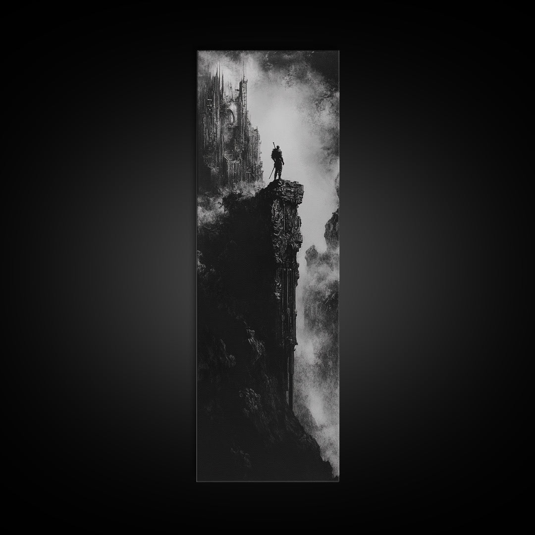 Lone Warrior On Gothic Cliff Wall Art, Dark Fantasy Castle Print, Black And White Canvas, Moody Medieval Decor, Fantasy Gift For Him