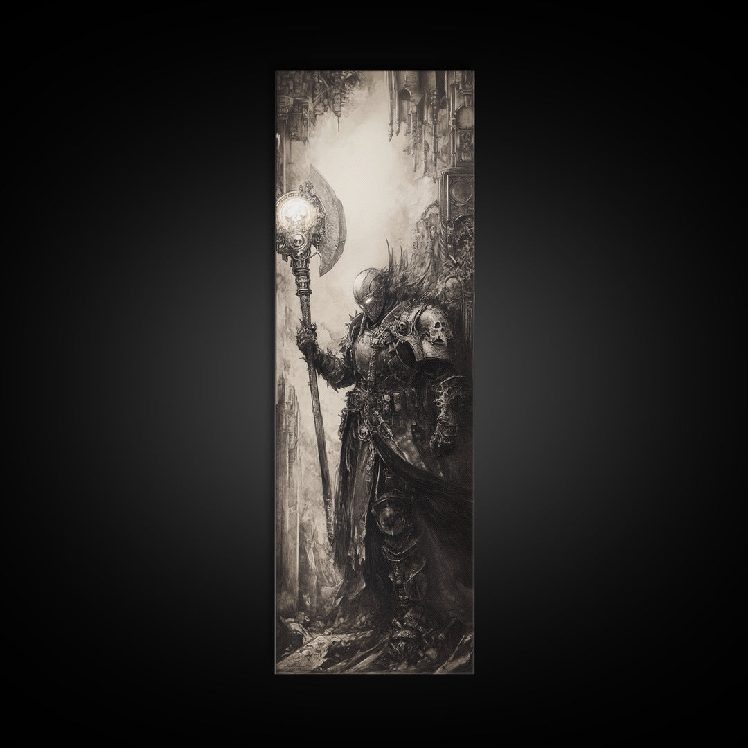 Armored Knight With Glowing Axe Framed Canvas Print, Gothic Fantasy Wall Art, Black And White Medieval Office Decor, Gift For Him