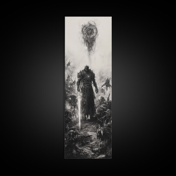 Dark Spiked Warrior Battlefield Wall Art, Gothic Fantasy Canvas Print, Black And White Surreal Art, Medieval Game Room Decor
