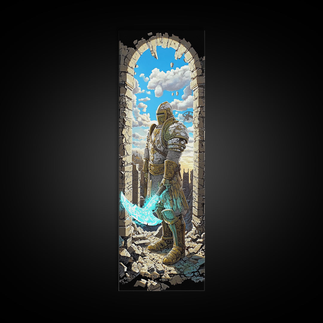 Golden Armored Knight In Ruined Arch Wall Art, Pixel Fantasy Canvas Print, Turquoise Sword Medieval Gamer Room Decor Gift