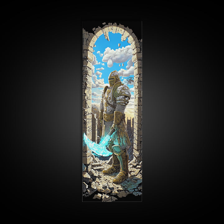 Golden Armored Knight In Ruined Arch Wall Art, Pixel Fantasy Canvas Print, Turquoise Sword Medieval Gamer Room Decor Gift