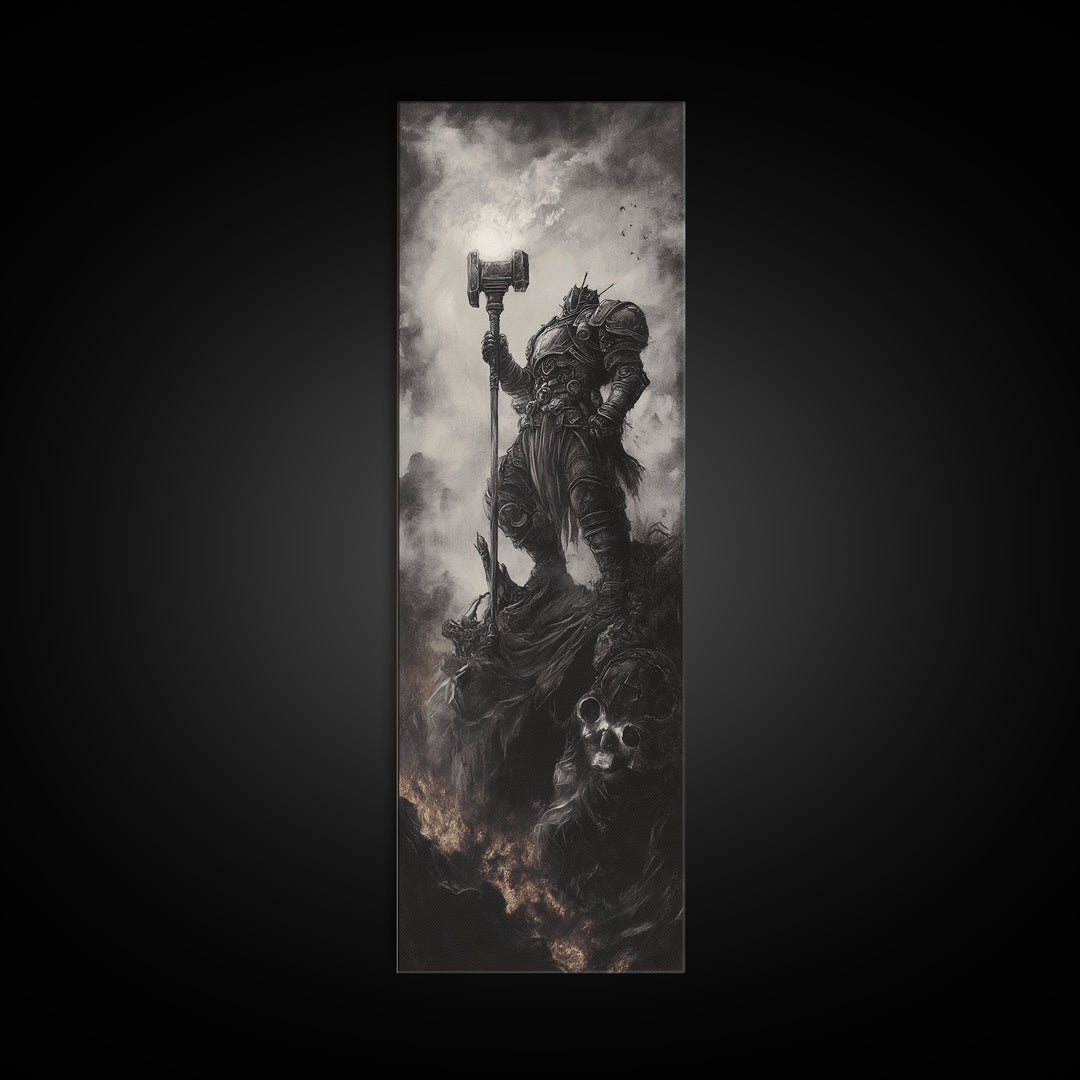 Dread Warrior With Hammer Wall Art, Dark Fantasy Canvas Print, Gothic Skull Decor, Black And White Medieval Gift For Him