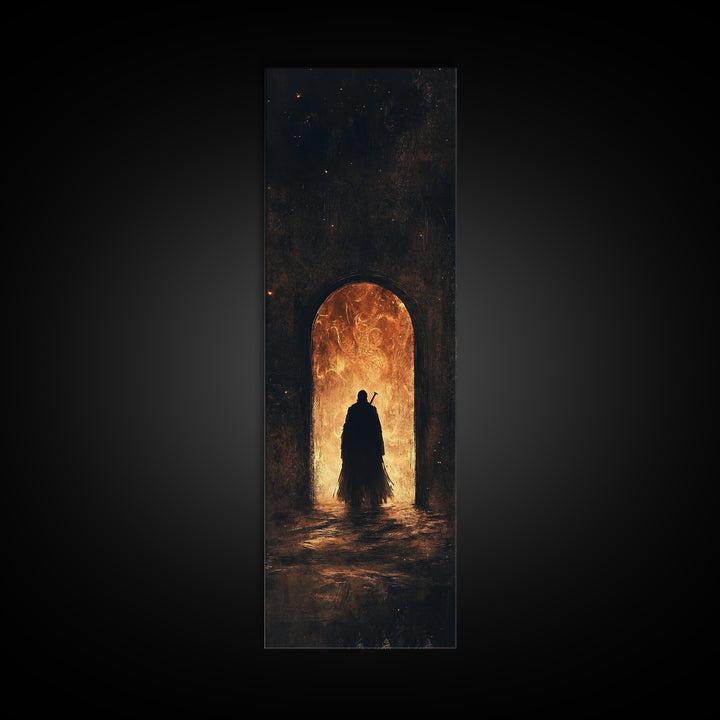 Cloaked Figure Before Fiery Portal Wall Art, Dark Fantasy Canvas Print, Gothic Arch Decor, Moody Surreal Art Gift For Him