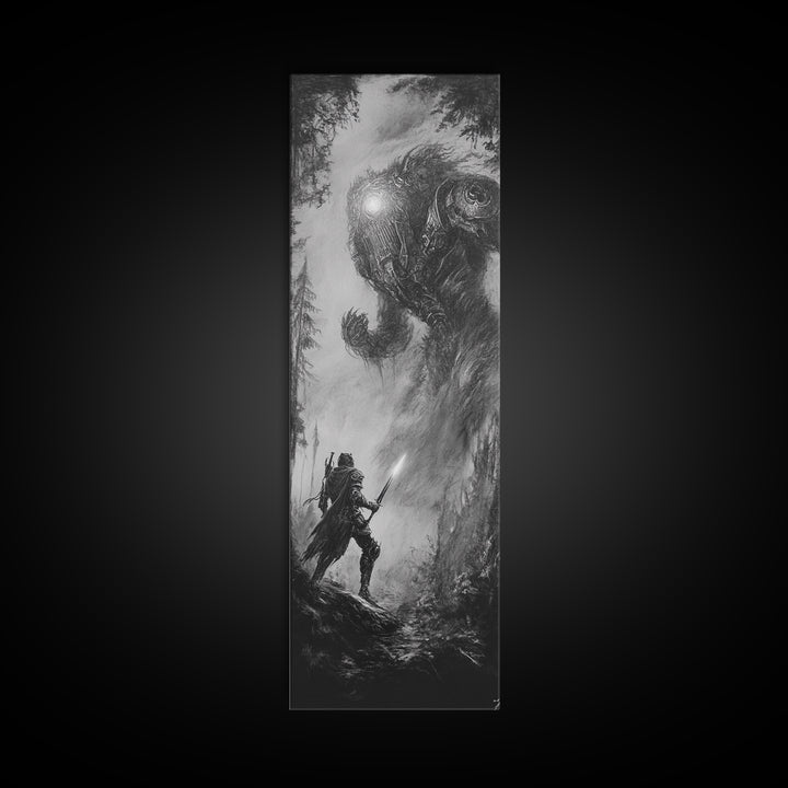 Warrior Facing Forest Giant Wall Art, Black And White Fantasy Canvas Print, Dark Surreal Creature Decor, Gothic Gift For Him