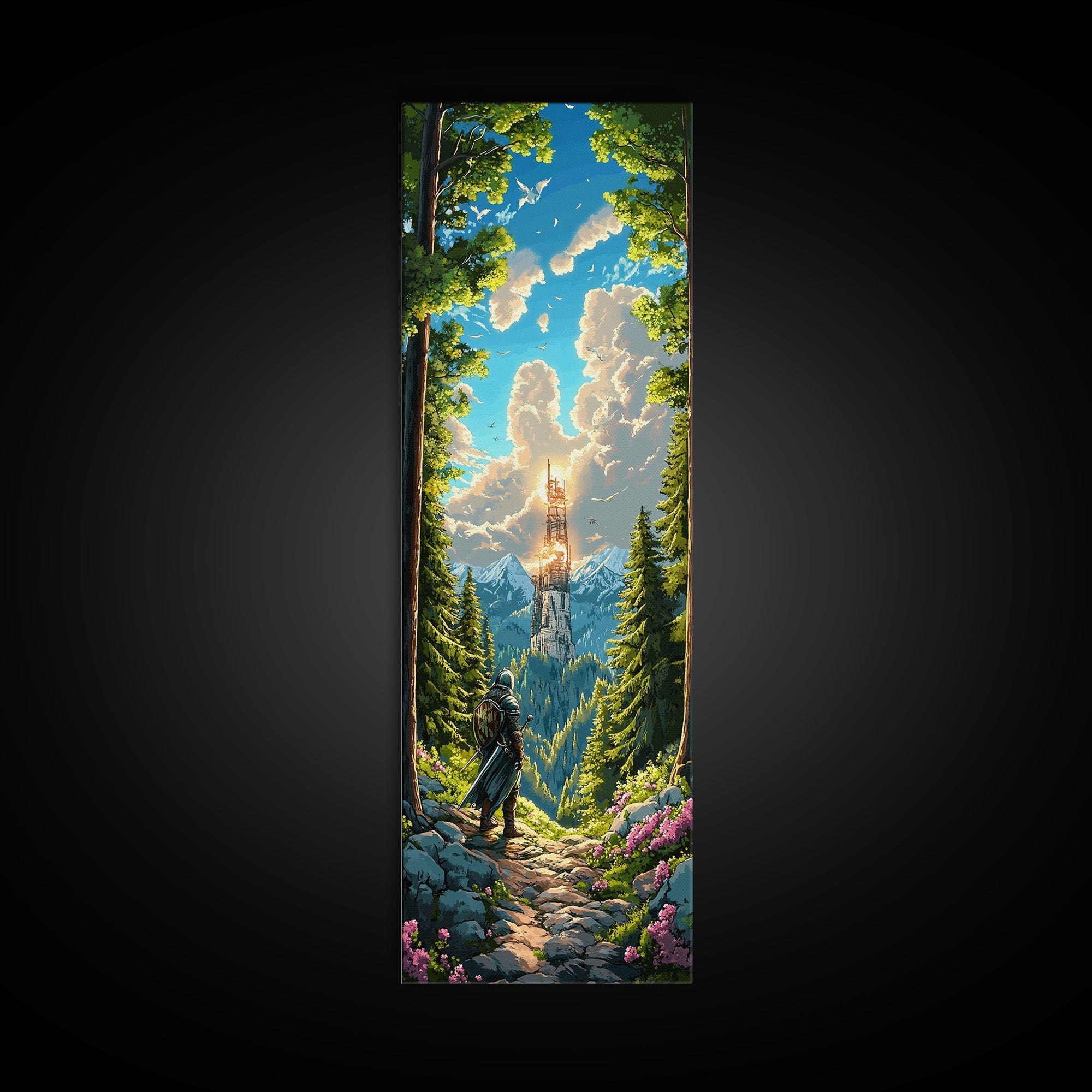 Knight In Sunlit Forest Tower Wall Art, Fantasy Landscape Canvas, Medieval Adventure Decor, Epic Mountain Living Room Print