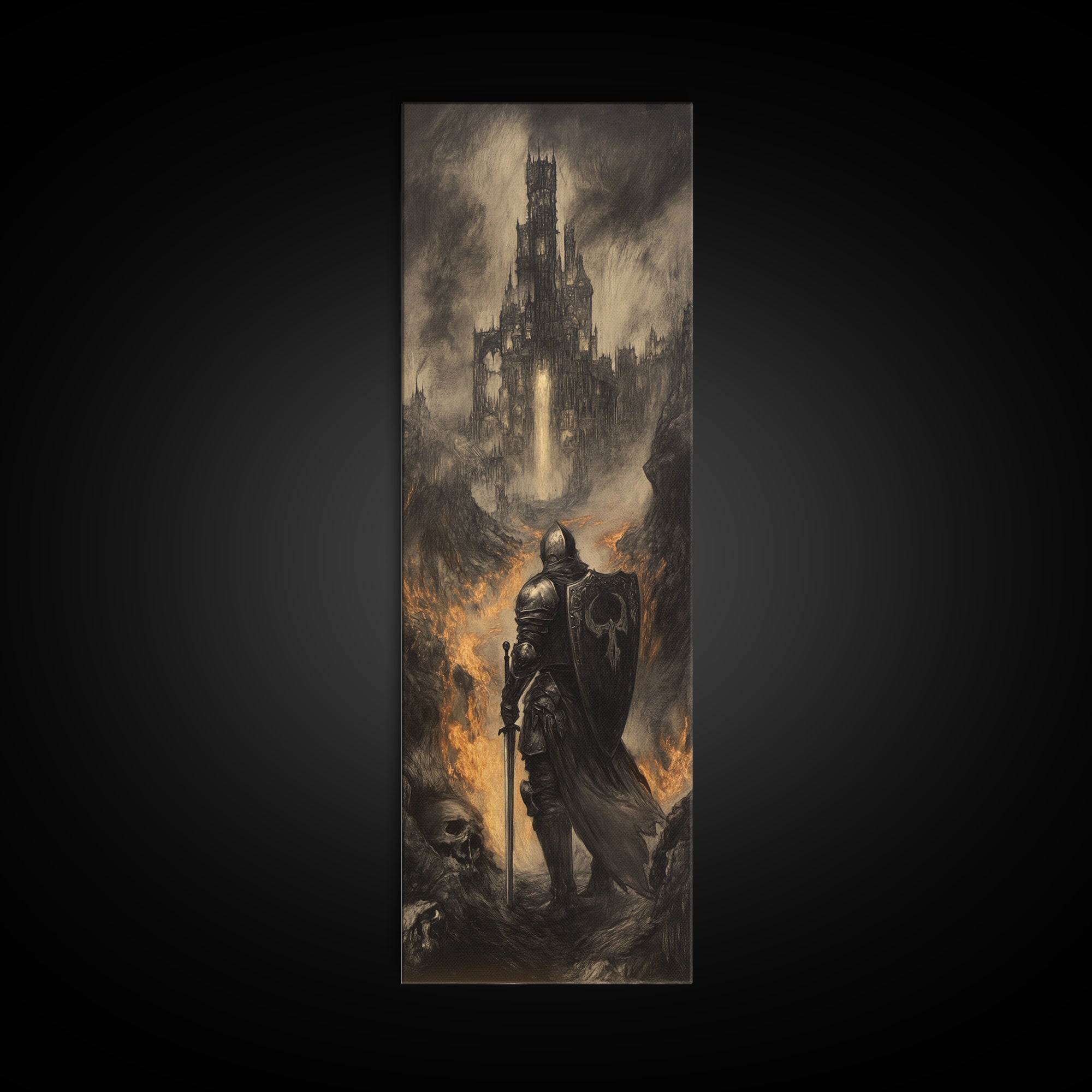 Dark Knight Before Burning Citadel Wall Art, Gothic Fantasy Print, Medieval Castle Decor, Moody Black And White Canvas Art