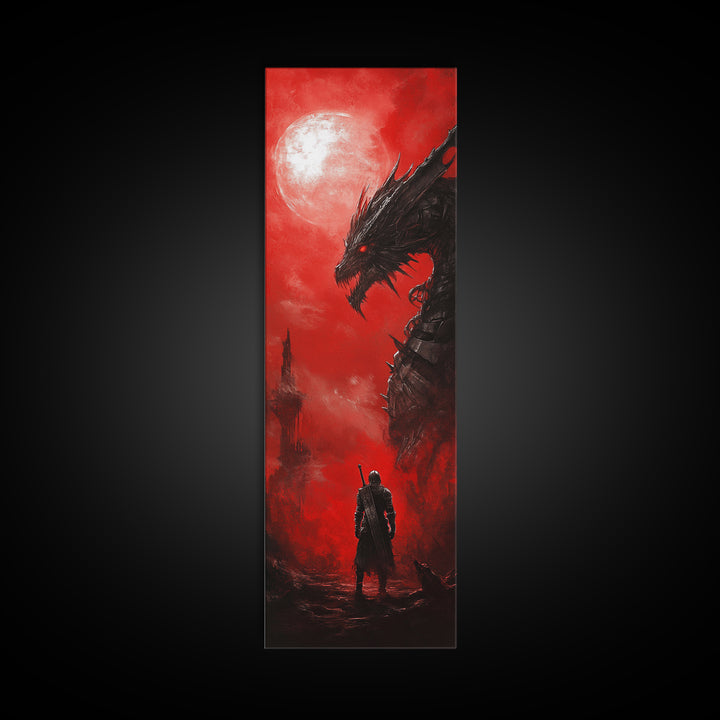 Black Dragon Red Moon Wall Art, Dark Fantasy Canvas Print, Gothic Warrior Decor, Medieval Monster Living Room Artwork Gift