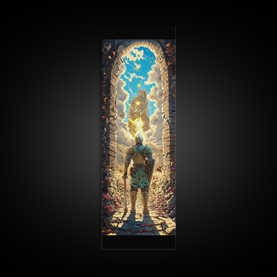 Knight At Golden Portal Framed Canvas Print, Fantasy Castle Wall Art, Medieval Adventure Decor, Magical Entryway Artwork