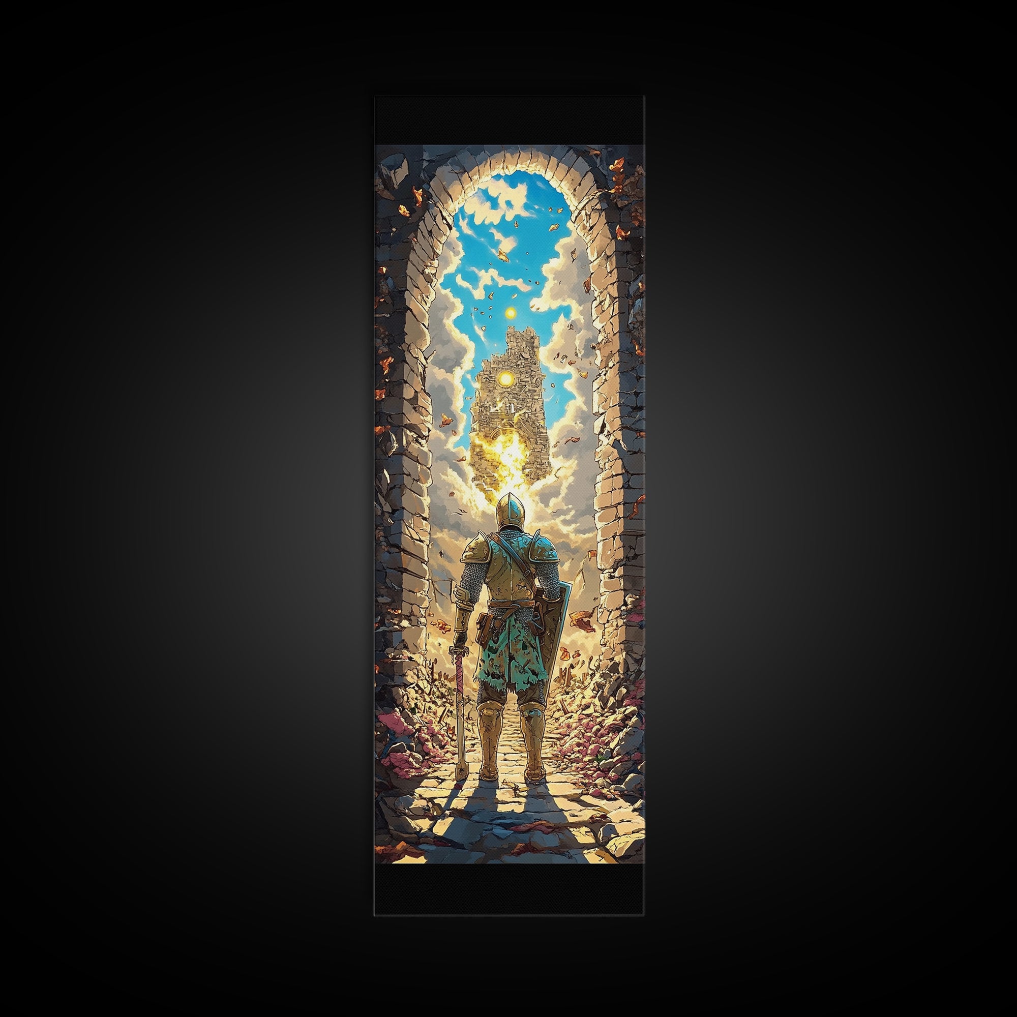 Knight At Golden Portal Framed Canvas Print, Fantasy Castle Wall Art, Medieval Adventure Decor, Magical Entryway Artwork