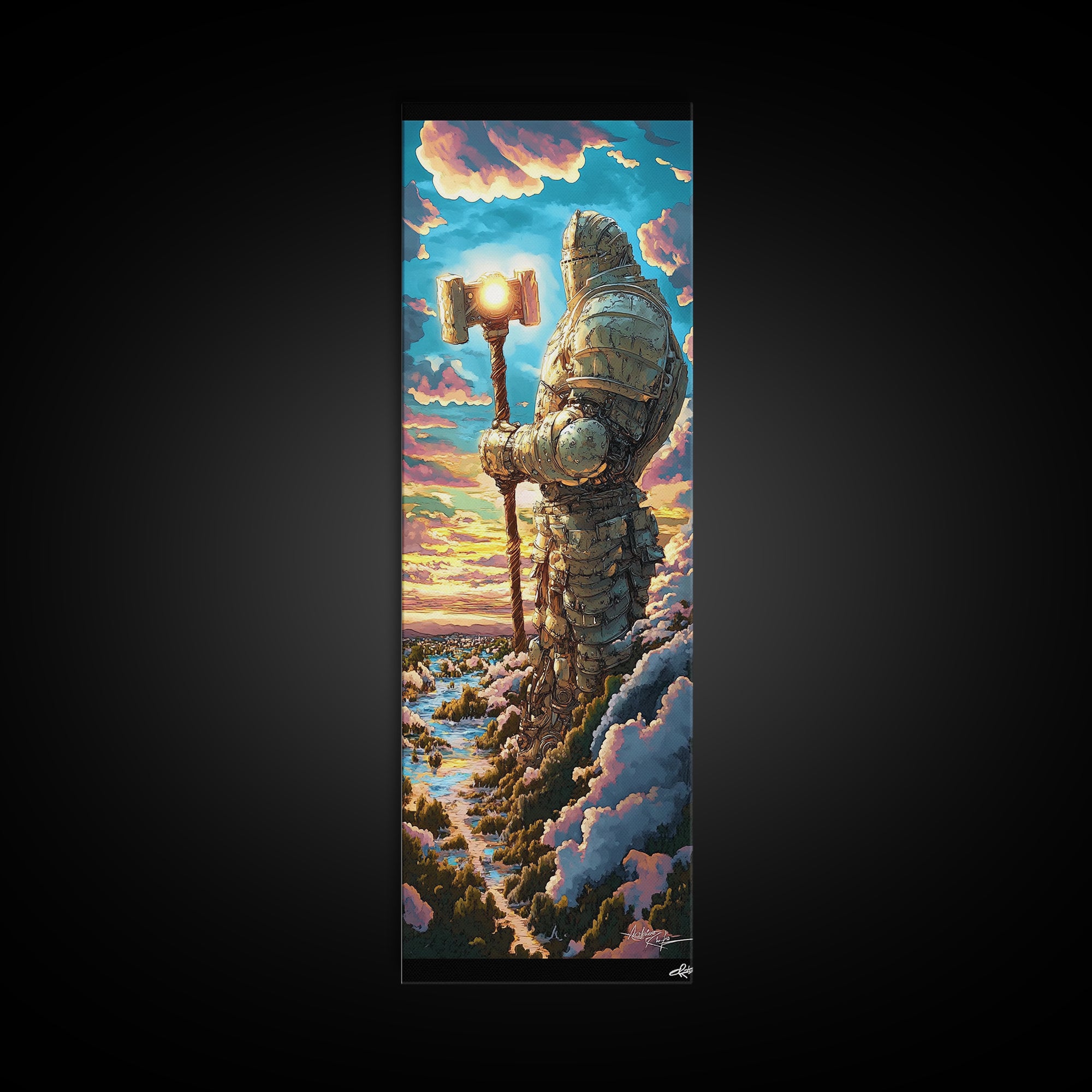 Colossal Stone Knight Canvas Print, Epic Fantasy Guardian Wall Art, Medieval Statue Decor, Sunset Mountain Statement Art