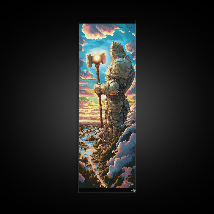 Colossal Stone Knight Canvas Print, Epic Fantasy Guardian Wall Art, Medieval Statue Decor, Sunset Mountain Statement Art