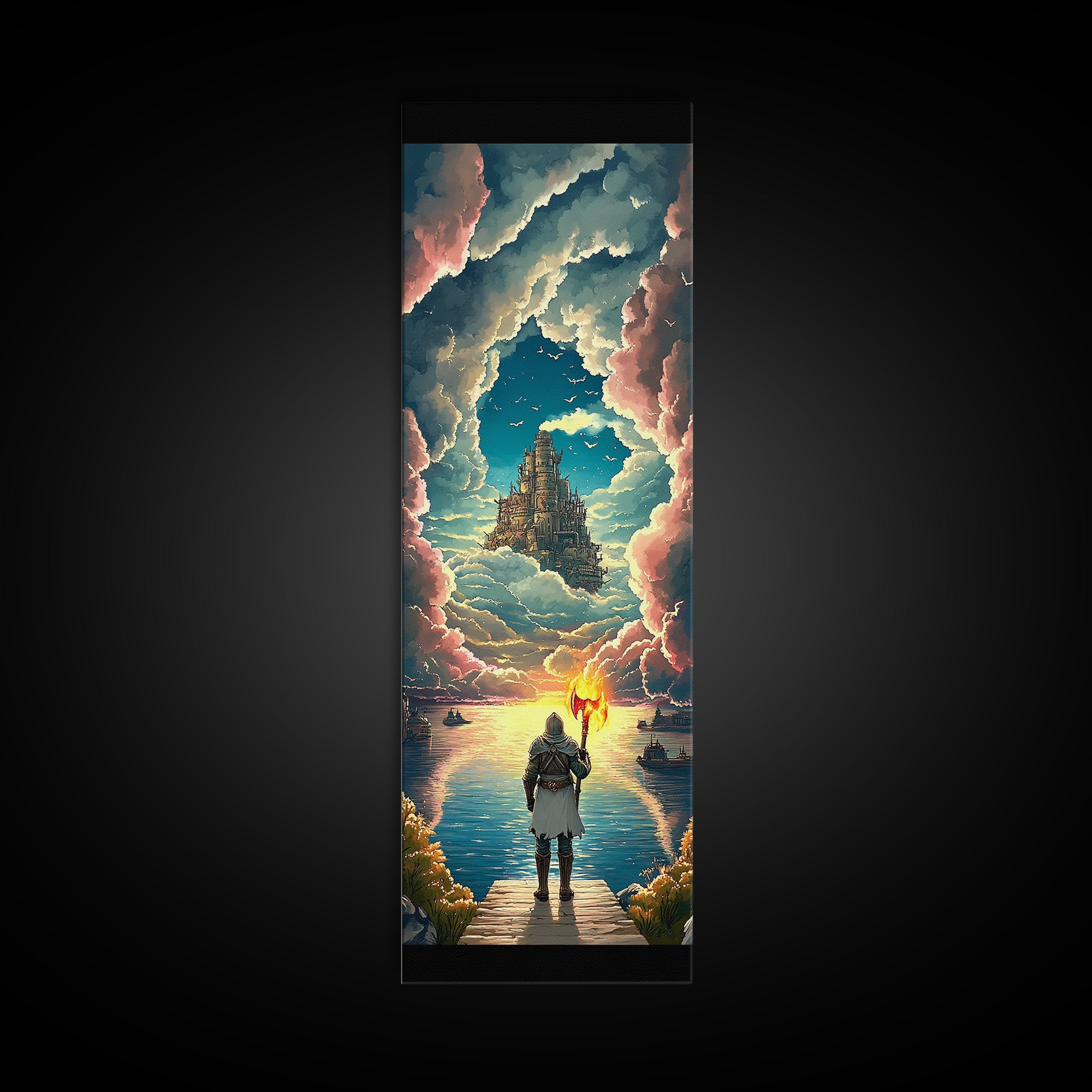 Torch Bearer Floating Castle Canvas Print, Fantasy Sky Portal Wall Art, Medieval Adventure Decor, Magical Lake Artwork Gift