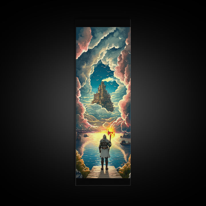 Torch Bearer Floating Castle Canvas Print, Fantasy Sky Portal Wall Art, Medieval Adventure Decor, Magical Lake Artwork Gift