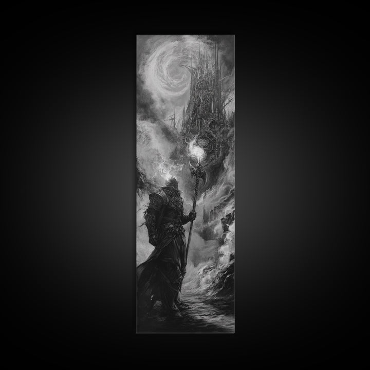 Storm Wizard And Dark Citadel Wall Art, Black And White Fantasy Canvas Print, Gothic Sorcerer Decor, Medieval Office Art