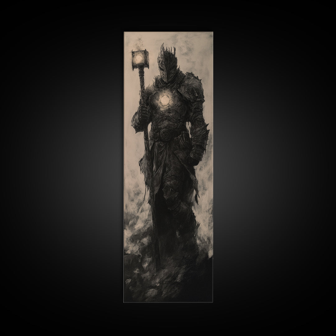 Dark Armored Knight With Glowing Lantern, Gothic Fantasy Wall Art, Black And White Medieval Canvas, Dark Academia Decor Print
