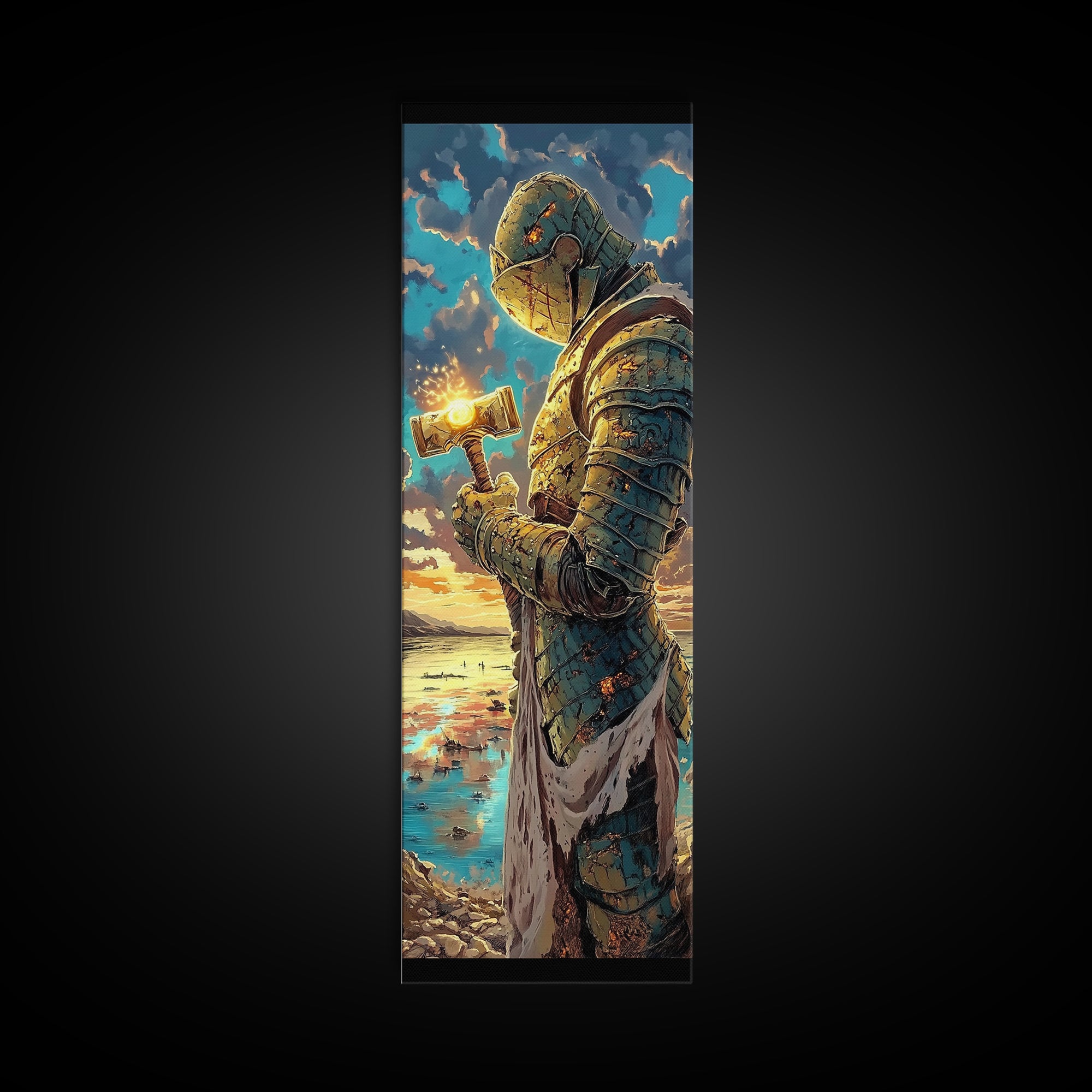 Sunset Templar Knight Holding Glowing Hammer, Fantasy Framed Canvas Print, Medieval Coastal Wall Decor, Gift For Him, Living Room Art