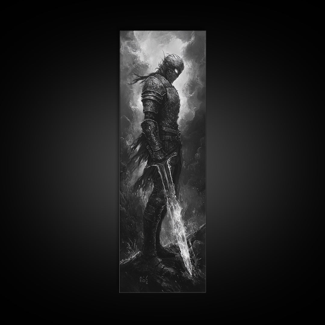 Storm Worn Dark Knight With Lightning Sword, Black And White Canvas Print, Gothic Fantasy Wall Art, Moody Medieval Decor