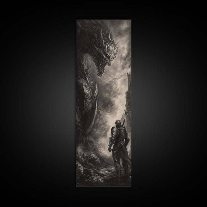 Lone Knight Facing Ancient Dragon In Ruins, Dark Fantasy Wall Art, Black And White Medieval Canvas, Gothic Office Decor Print