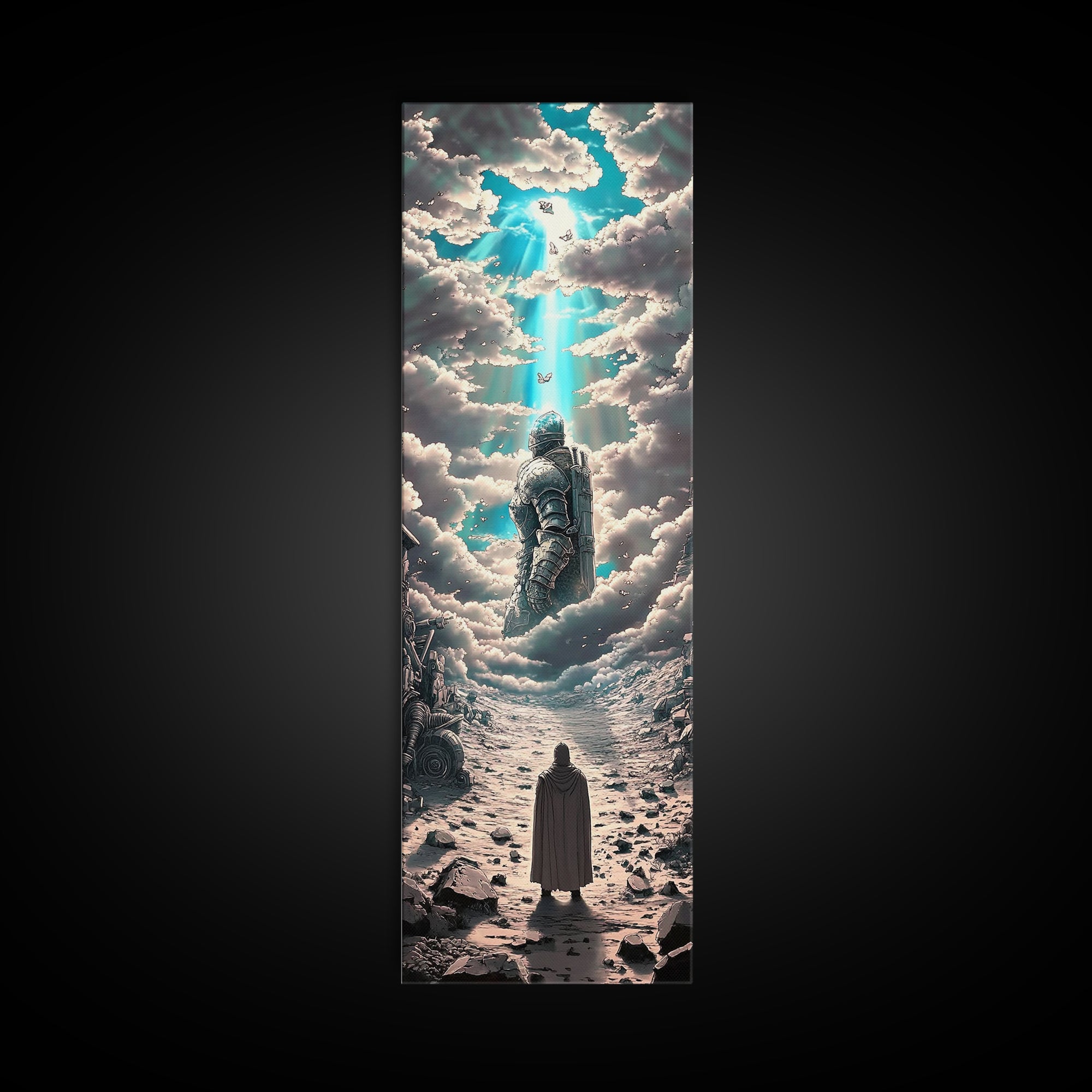 Floating Armored Knight Ascending Through Clouds, Celestial Fantasy Framed Canvas Print, Surreal Wall Art, Dreamy Room Decor