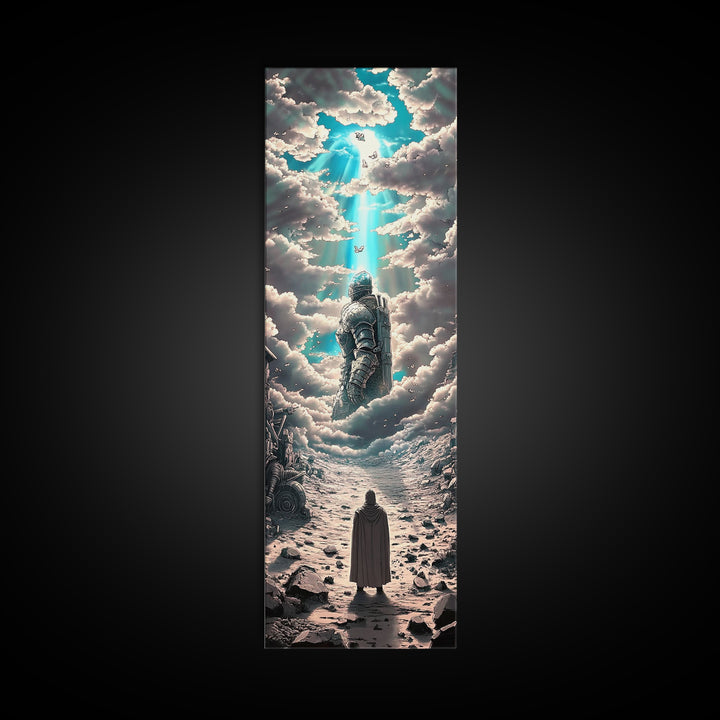 Floating Armored Knight Ascending Through Clouds, Celestial Fantasy Framed Canvas Print, Surreal Wall Art, Dreamy Room Decor