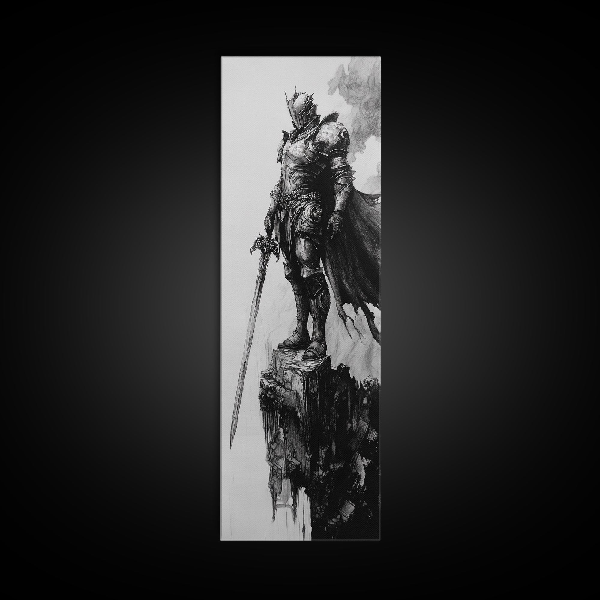 Skeletal Knight On Crumbling Cliff With Long Sword, Black And White Wall Art, Gothic Fantasy Canvas Print, Dark Medieval Decor