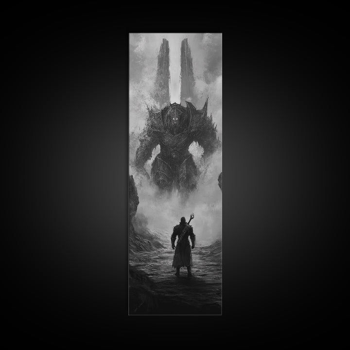 Warrior Facing Misty Armored Colossus, Dark Fantasy Wall Art, Black And White Framed Canvas Print, Epic Game Room Decor Gift