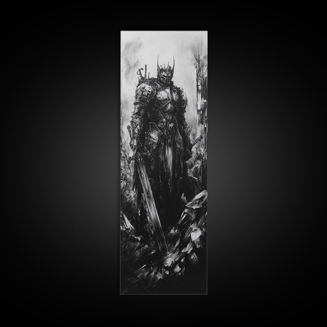 Crowned Dark Knight With Massive Sword In Ruins, Gothic Fantasy Canvas Print, Black And White Wall Art, Dark Academia Decor