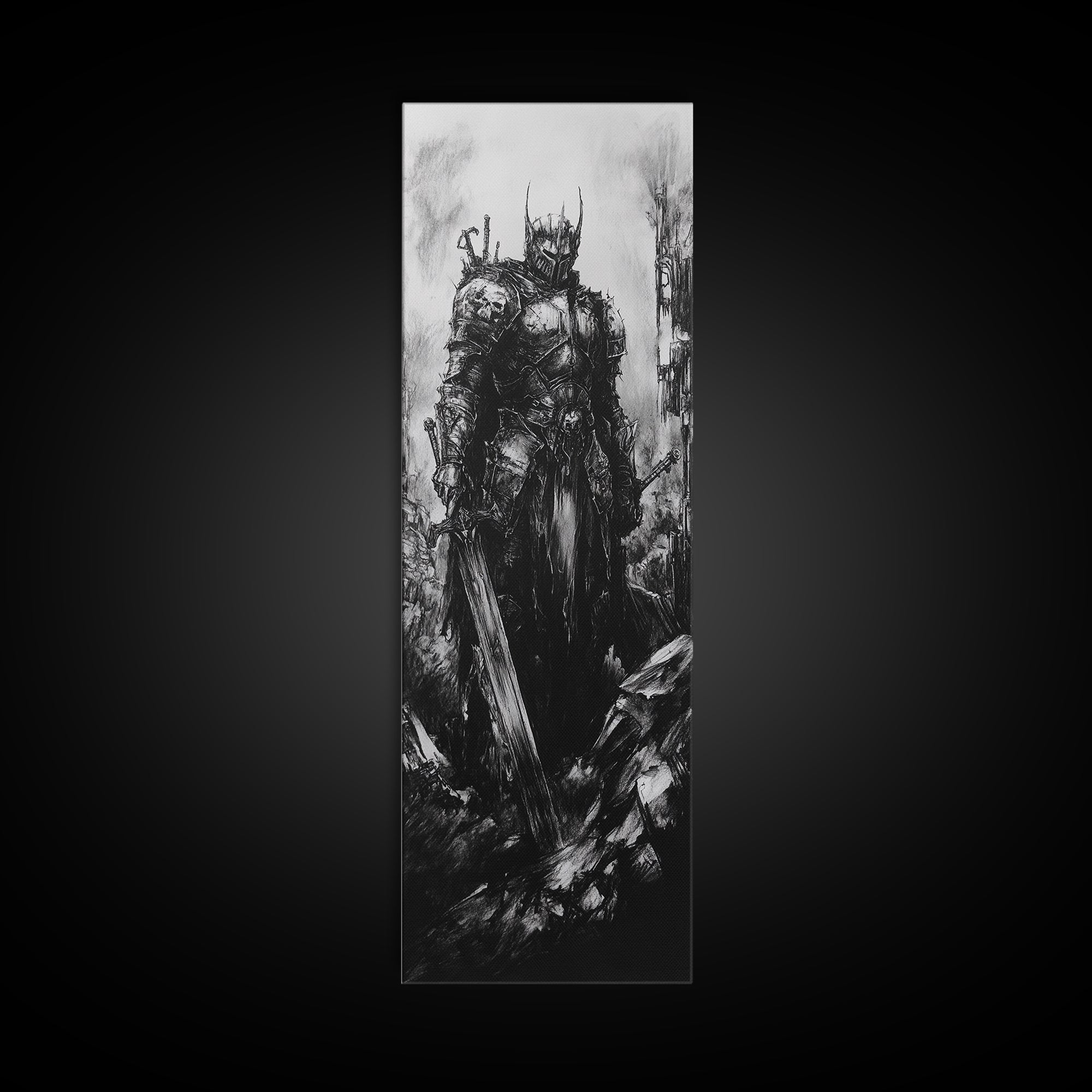 Crowned Dark Knight With Massive Sword In Ruins, Gothic Fantasy Canvas Print, Black And White Wall Art, Dark Academia Decor