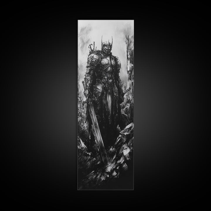 Crowned Dark Knight With Massive Sword In Ruins, Gothic Fantasy Canvas Print, Black And White Wall Art, Dark Academia Decor