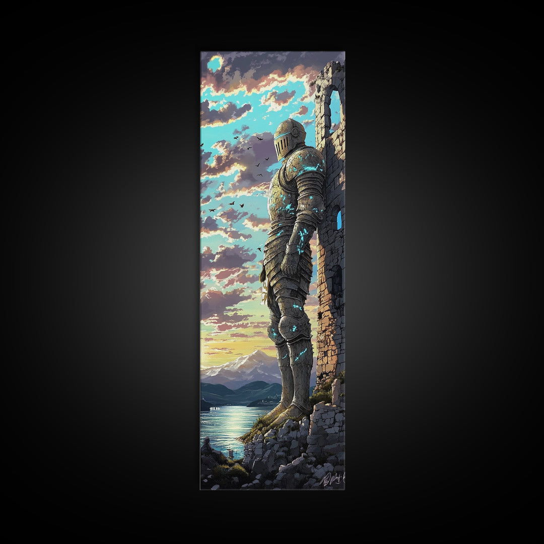 Blue Armored Knight Beside Castle At Lakeside Sunset, Medieval Fantasy Framed Canvas Print, Coastal Wall Art, Home Decor