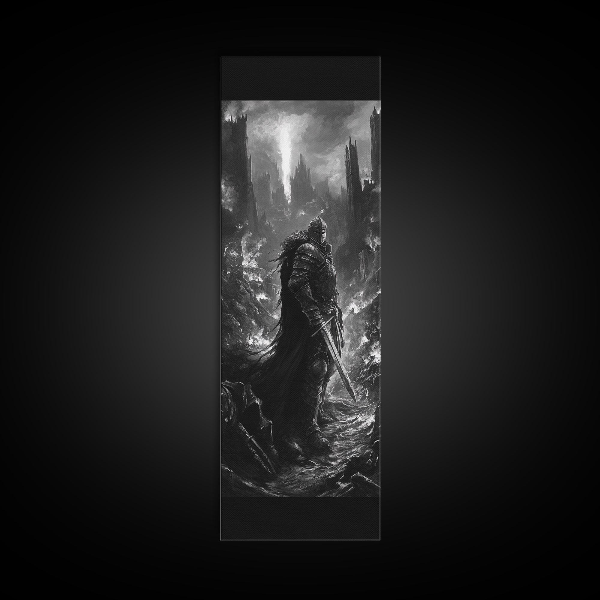 Dark Armored Knight In Ruined Gothic Valley Wall Art, Black And White Fantasy Art, Dark Academia Decor, Gothic Wall Decor
